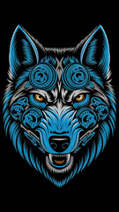 an evil wolf face with many blue Inca symbols tattooed on its face