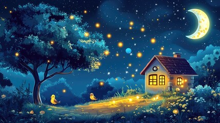 Fototapeta premium A Nighttime Scene with a Small House, Two Birds, a Crescent Moon, and Stars