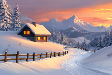 Fototapeta premium Warmly lit cabin in winter wonderland
