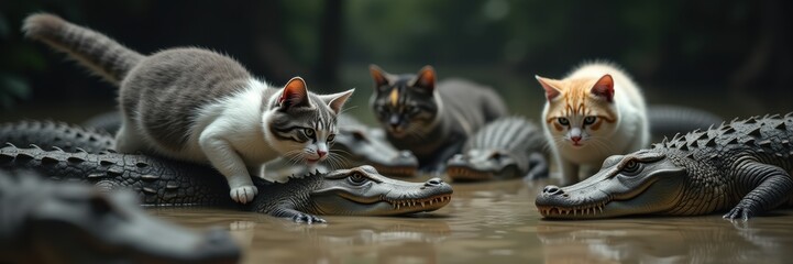 A whimsical scene featuring cats interacting playfully with alligators, blending humor with wildlife. Perfect for quirky marketing materials or social media content.