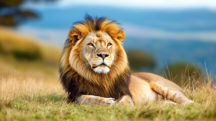 Obraz premium Majestic lion resting in grass of Africa, showcasing its powerful presence and stunning mane. This serene moment captures beauty of wildlife in its natural habitat