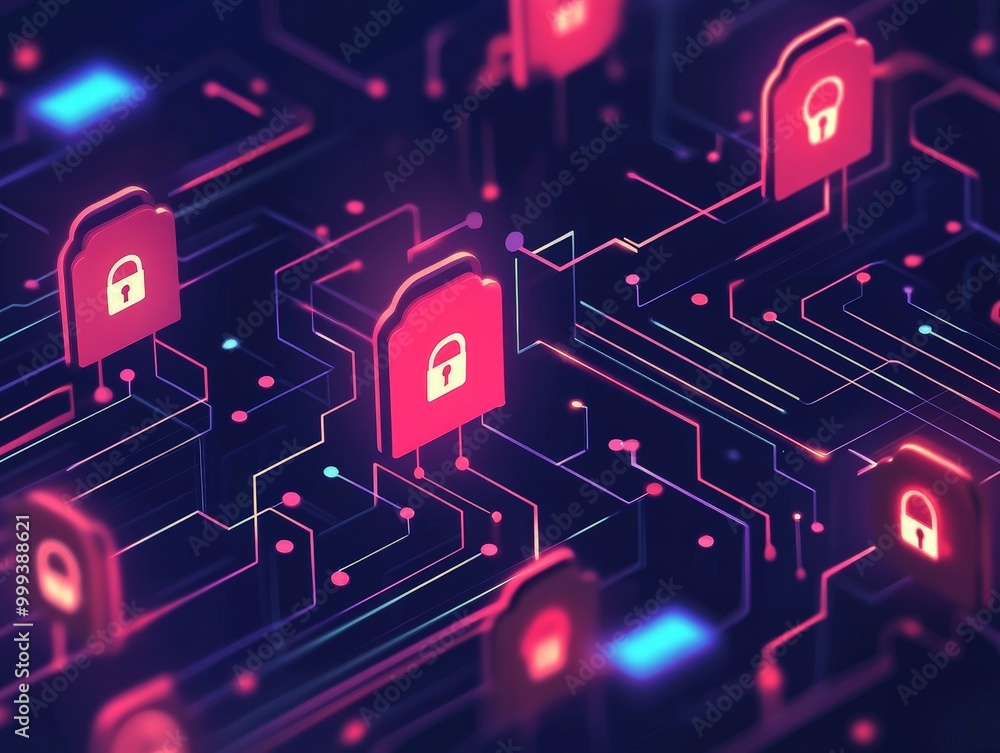 Poster a secure connection for online privacy, with encrypted data flows and vpn symbols protecting persona