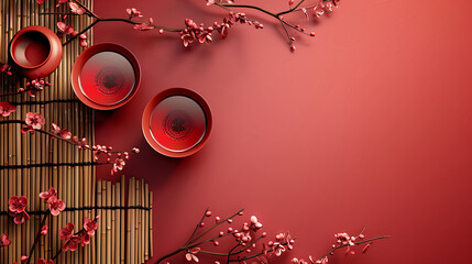 Elegant Red Background with Cherry Blossom and Bowls