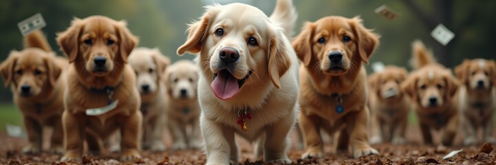 A playful pack of golden retrievers showcases companionship and joy, perfect for pet-related promotions, animal welfare campaigns, or family-friendly content.