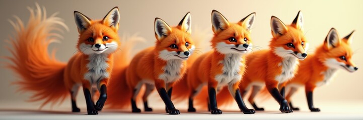 Obraz premium A charming collection of stylized fox figurines, showcasing vibrant orange hues and playful poses, perfect for creative projects or animal-themed designs.