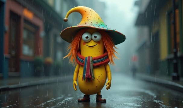 A whimsical cartoon character in a colorful hat and scarf stands in a rainy street, embodying creativity and fun, perfect for children's entertainment or merchandise.