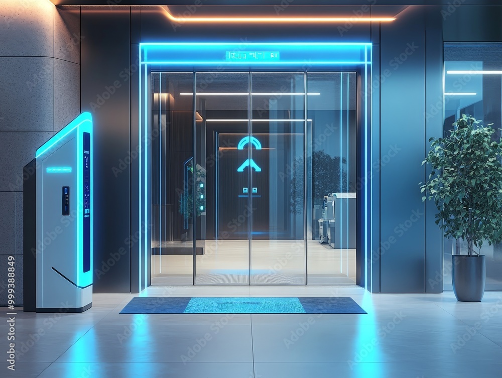 Poster a secure office building entrance with biometric scanners using facial recognition for authenticatio