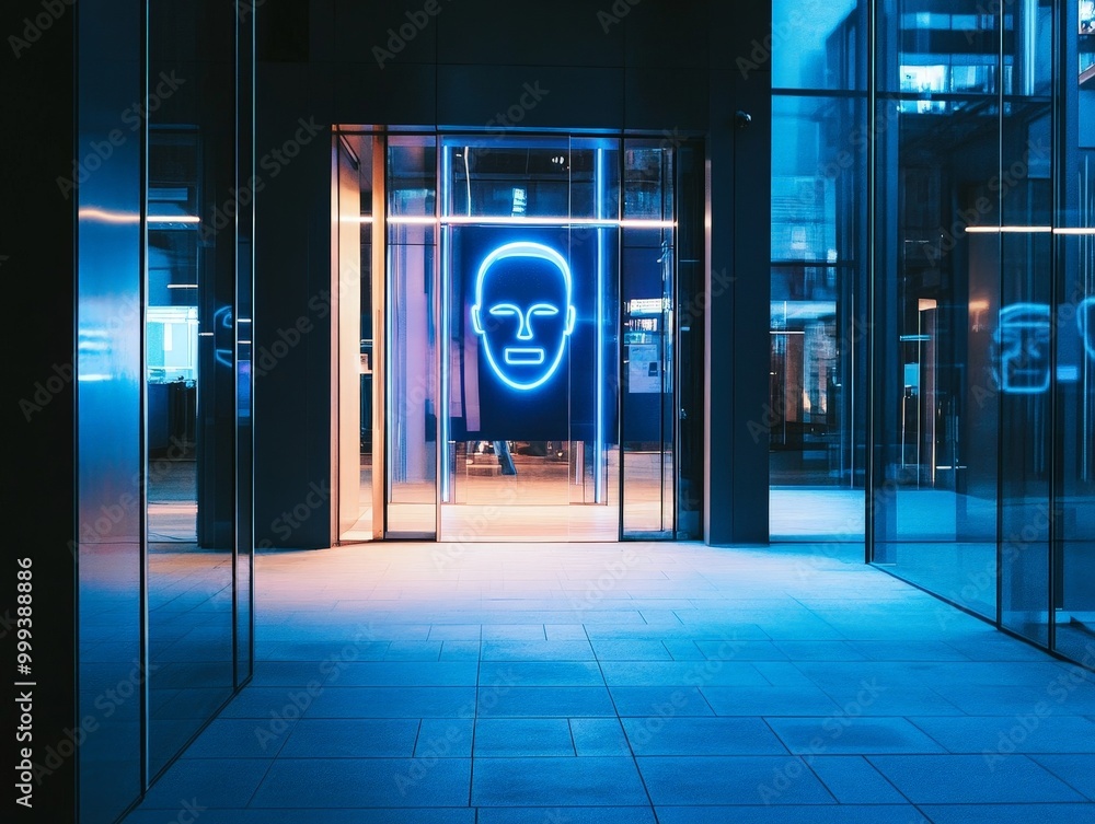 Poster a secure office building entrance with biometric scanners using facial recognition for authenticatio