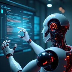 Fototapeta premium Futuristic robotic interface, showcasing artificial intelligence in action. Perfect for illustrating concepts in technology, innovation, and automation.