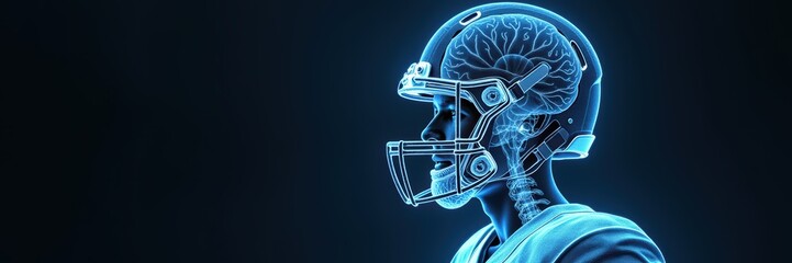 A futuristic illustration of a football helmet overlaid with a human brain, symbolizing the intersection of sports and neuroscience in athlete safety and performance.