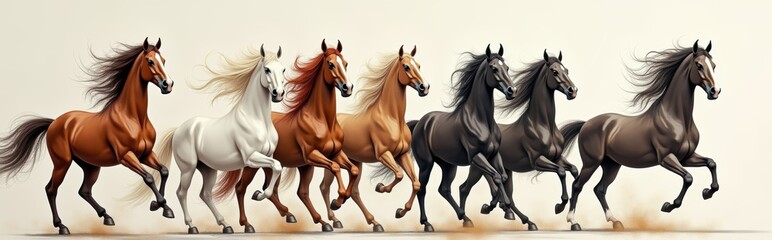 Fototapeta premium A dynamic lineup of galloping horses showcases grace and power, perfect for equestrian-themed projects, branding, and animal-related content.