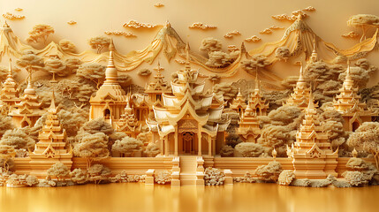 Golden Landscape with Ancient Temples and Mountains