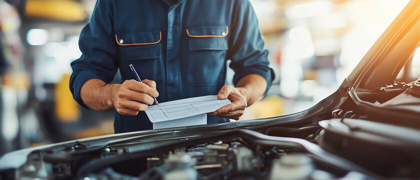 Engineer at a vehicle garage, checking engine and writing job checklist for repairs, car service and maintenance inspection by mechanic