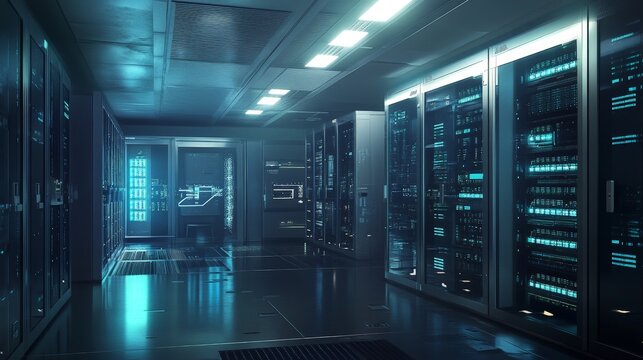 A secure server room with security software protecting sensitive data from external threats, creating a high-tech atmosphere.