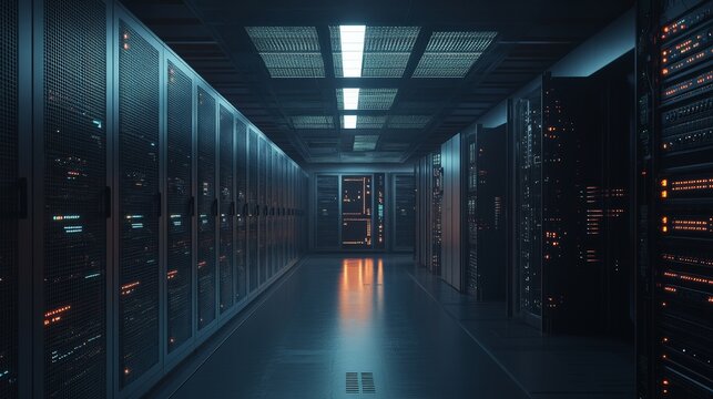 A secure server room with security software protecting sensitive data from external threats, creating a high-tech atmosphere.