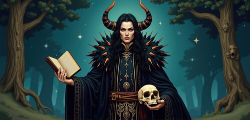 Fototapeta premium A mystical figure with horns and a dark cloak holds a skull and a book, surrounded by an enchanted forest. Perfect for fantasy, horror, or occult-themed projects.