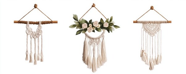 Naklejka premium Three stylish wall hangings featuring macramé designs with natural accents, perfect for adding a bohemian touch to any decor.