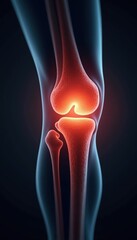 Digital illustration showcasing a close-up view of a human knee joint, highlighting anatomical details with glowing effects, ideal for healthcare and educational purposes.