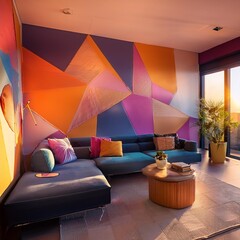 Bold accent wall with vibrant colors and geometric patterns for a modern living room