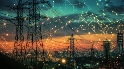 A smart grid protected by cybersecurity, with secure data transmission between power plants, substations, and smart meters.