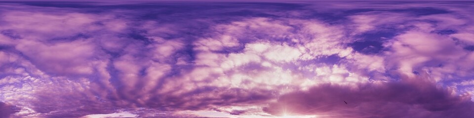 Sunset sky with bright glowing pink Cumulus clouds. Seamless spherical HDR 360 panorama. Full zenith or sky dome in 3D, sky replacement for aerial drone panoramas. Climate and weather change.