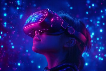 A futuristic woman immersed in a digital world, wearing a VR headset with neon blue and pink lights glowing around her
