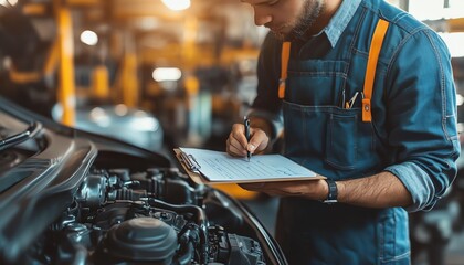 Mechanic at a car service shop checking engine and writing repair job checklist on clipboard, vehicle maintenance and inspection by an engineer in the garage