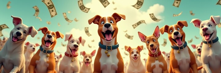 A joyful group of animated dogs celebrating with flying money, symbolizing success, happiness, and prosperity. Ideal for marketing campaigns or pet-related businesses.