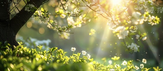 Obraz premium During The Spring Beautiful Scenic Views Of Trees Plants New Green Leaves And Flowers