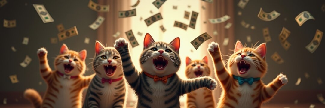 Celebratory cats surrounded by floating money, capturing a lighthearted and whimsical depiction of success and prosperity in a fun, animated style.