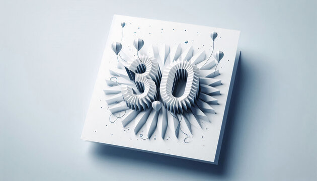 Minimalist 3D card with the number 30 creatively designed in white paper folds and surrounded by paper balloons, representing a modern and stylish milestone celebration