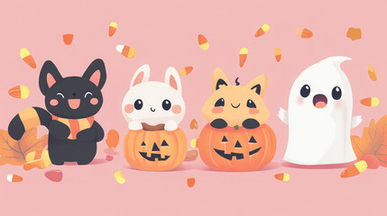 Obraz premium A cartoon of four cats and a ghost are sitting in pumpkins
