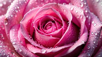 A beautiful aerial view of a pink rose covered in water drops against a dark background