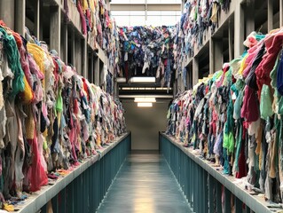 Obraz premium A textile recycling facility where discarded clothes are transformed into raw materials, creating a sustainable textile supply chain.