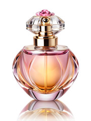 Elegant perfume bottle with a floral cap on a transparent background