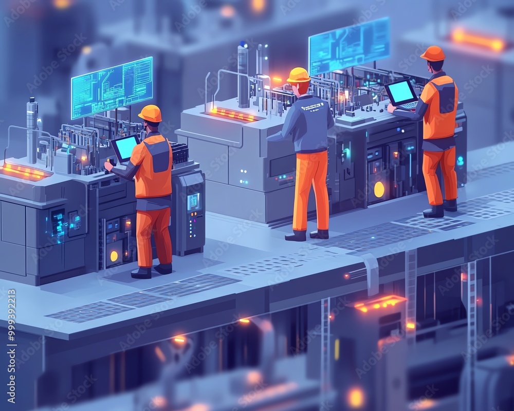 Poster diverse engineers standing on factory platform, laptops in hand, overseeing electronics machine main