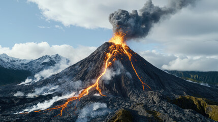 stunning view of volcanic eruption showcasing powerful lava flow and billowing smoke against backdrop of mountains. scene captures raw energy and beauty of nature