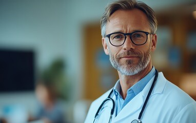 Doctor in hospital office, glasses and stethoscope, confidently facing camera, modern clinical setting, healthcare and medical assistance
