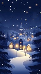 Fototapeta premium Illuminated Christmas village architecture flat design top view holiday celebration theme watercolor Splitcomplementary color scheme