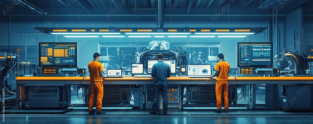 Poster engineers of diverse backgrounds on factory platform, using laptops, monitoring machine maintenance,