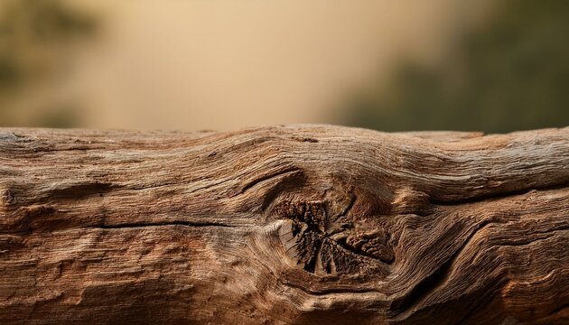 A rough, splintery plank with visible grain and cracks, with a blurred, neutral-toned backgr 