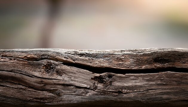 A rough, splintery plank with visible grain and cracks, with a blurred, neutral-toned backgr 