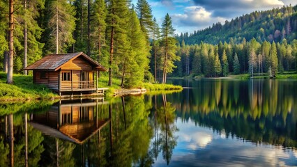 Fototapeta premium A cozy cabin surrounded by trees with a lake in the background