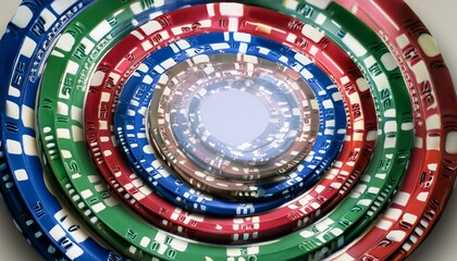 Naklejka premium A spiral of vivid casino chips in shades of blue, red, and green, gently falling against a s 