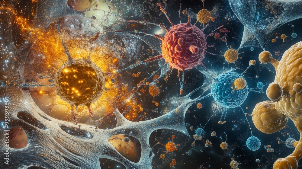 Poster a visual diagram of a biological system showing feedback loops, cellular signals, and metabolic path
