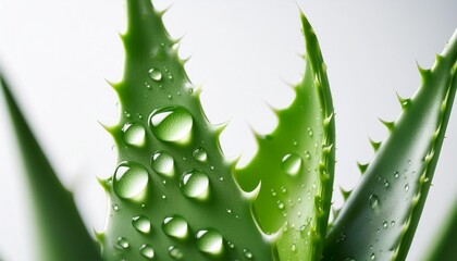 Isolated aloe vera leaf with depth of field highlighting spiky edges and soothing gel interior