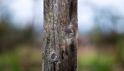 Fototapeta premium An aged, rough-cut wooden plank standing vertically, surrounded by a subtle, blurred natural