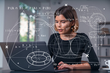 Woman working on a laptop with mathematical formulas overlayed on screen.