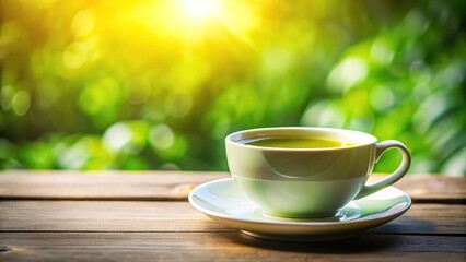 Obraz premium A cup of green tea on a saucer catching sunlight on a table Macro