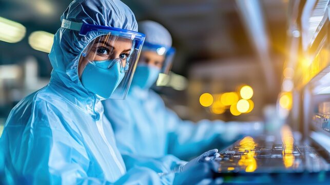 Healthcare workers in protective gear, working in laboratory environment.